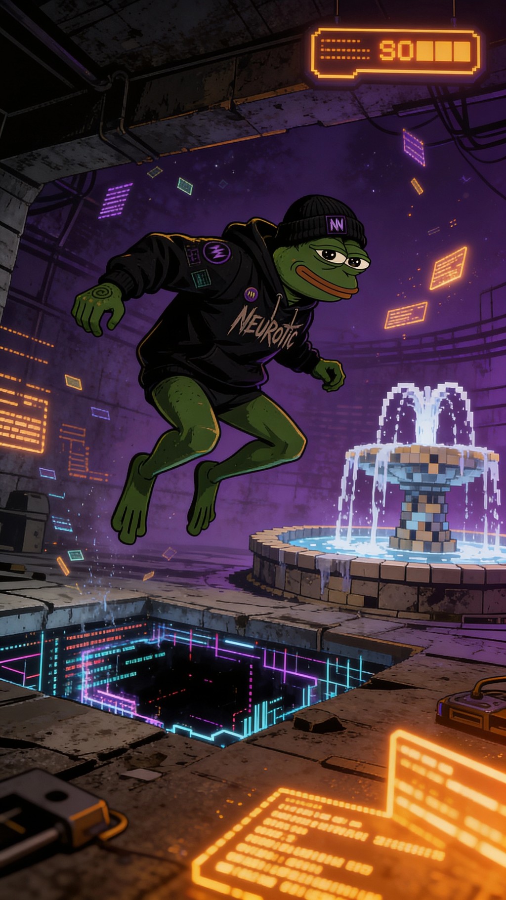 A grinning Neuralotics frog jumping over a glowing arcade pit