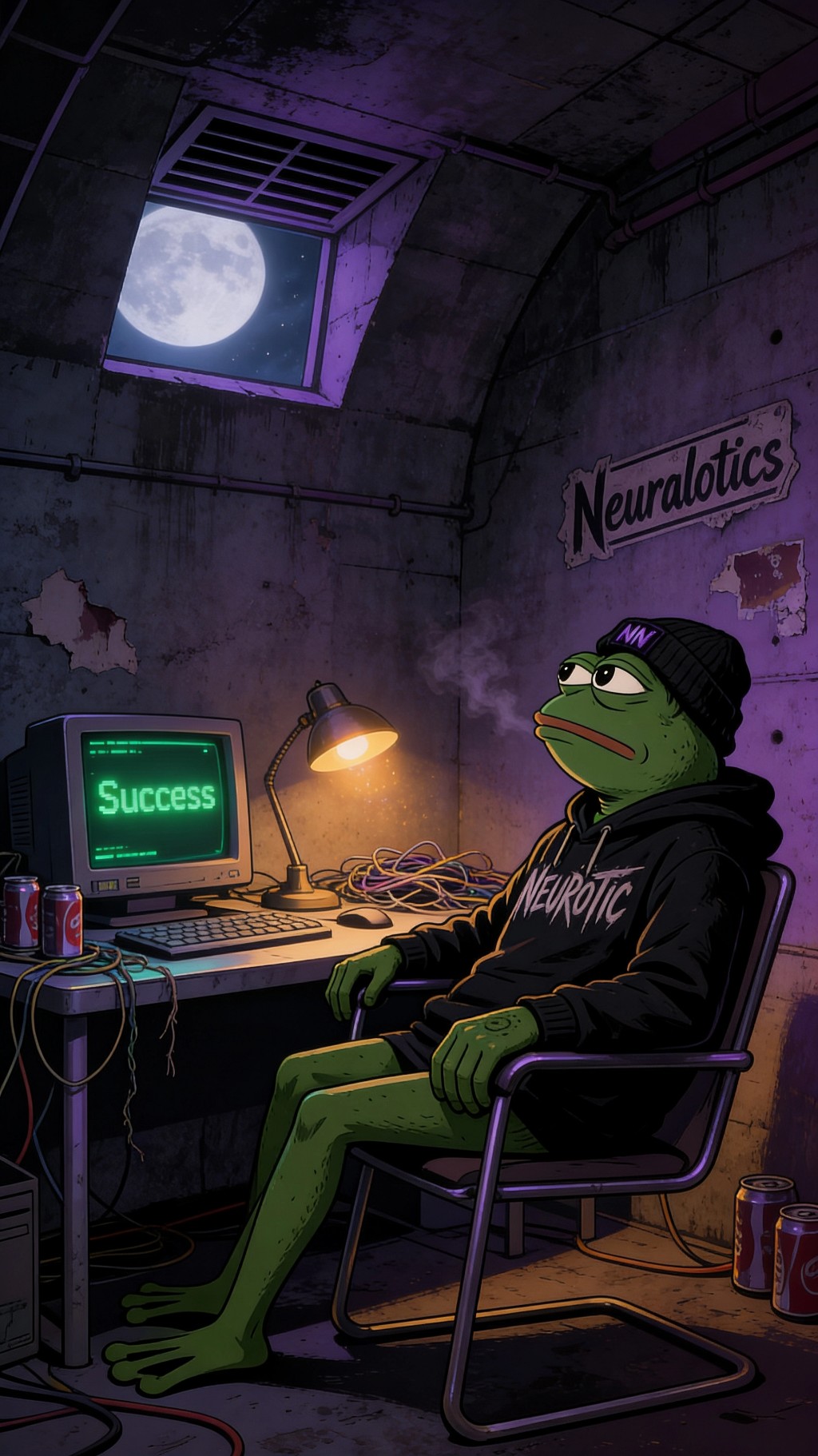 A Neuralotics frog in a hoodie taking a suspiciously well-earned break beside a CRT