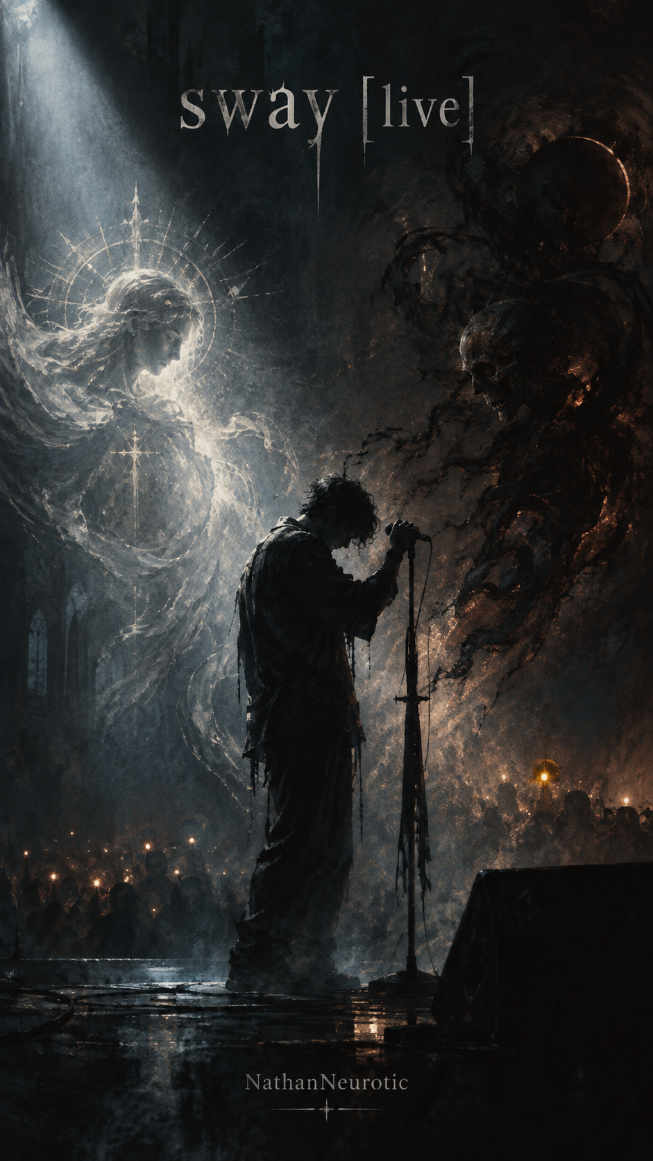 Sway live cover artwork: a lone performer beneath a turbulent sky